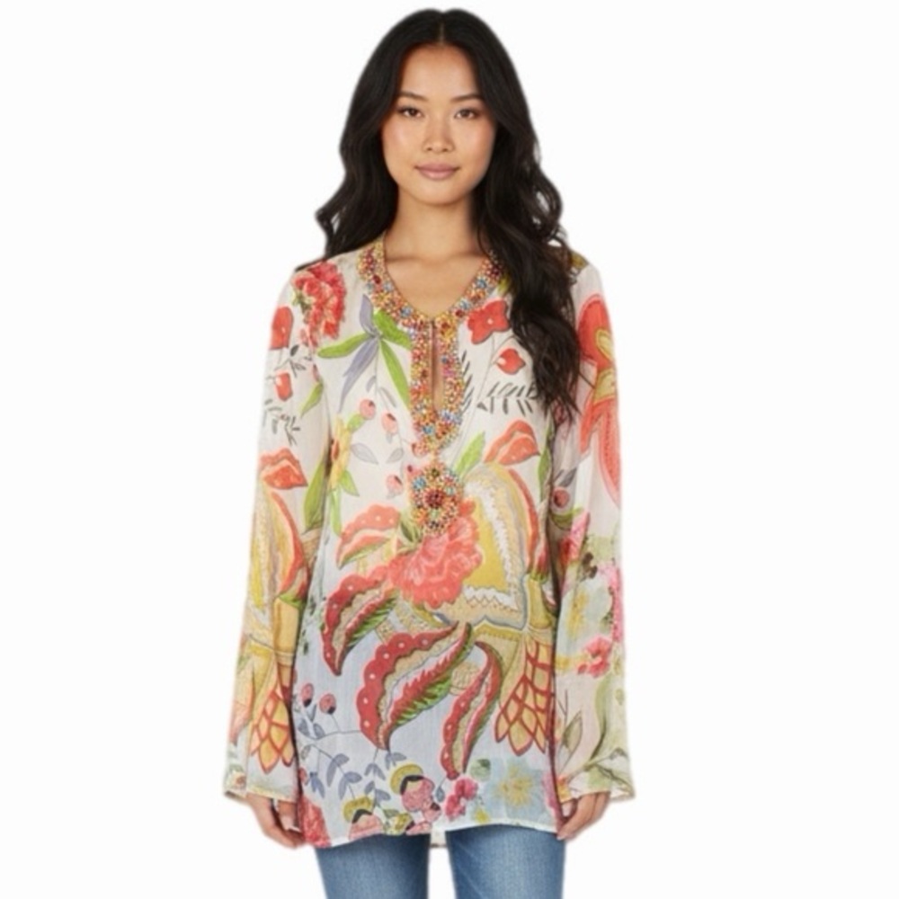 HELEN WELSH 100% Silk stunning colorful sheer blouse w/beaded collar Medium NWOT